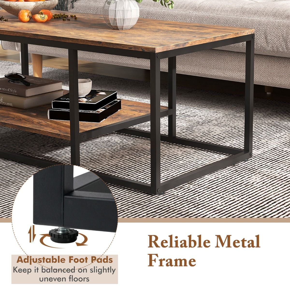 Coast Couchtisch – rechteckig – 2-stöckiger Stauraum – rustikales Braun und Schwarz – 105 x 50 x 42,5 cm
