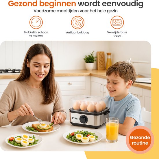 Goliving Eierkocher 2-in-1 - 1 bis 8 Eier - Kochen, Pochieren, Omelett - hart, weich und mittelweich gekocht - elektrisch - mit Timer - Silber