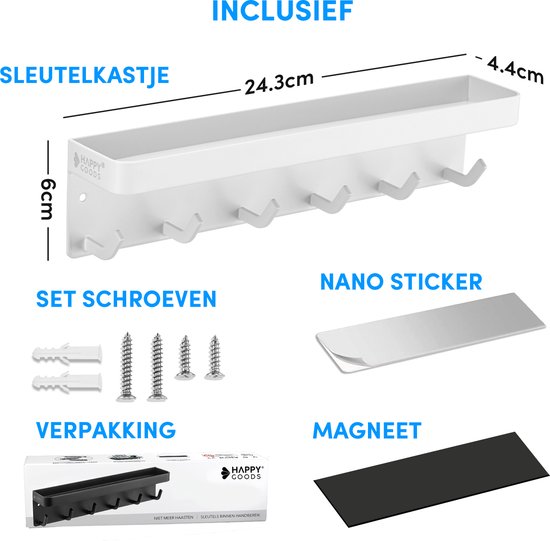 Happy Goods® Schlüsselregal Weiß - Schlüsselschrank für den Innenbereich - Selbstklebend - Schlüsselhalter - Edelstahl - Schlüsselorganizer - Schlüsselbrett Modern - Schlüsselregal inklusive Schrauben - Schlüsselschränke