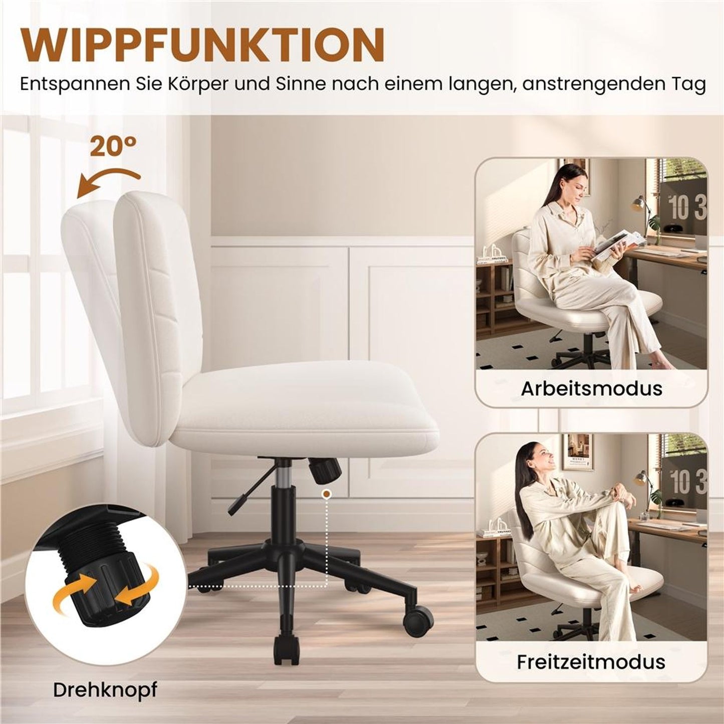Yaheetech Bürostuhl mit breiter Sitzfläche – Ergonomischer Drehstuhl mit Rückenlehne – Höhenverstellbar – 66 x 64,5 x 82–91,5 cm – Beige