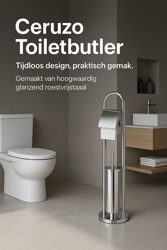 Ceruzo WC-Butler Freistehend - Edelstahl - Glänzend-80 cm - WC-Rollenhalter + Bürste - Luxuriöses Bad-Accessoire