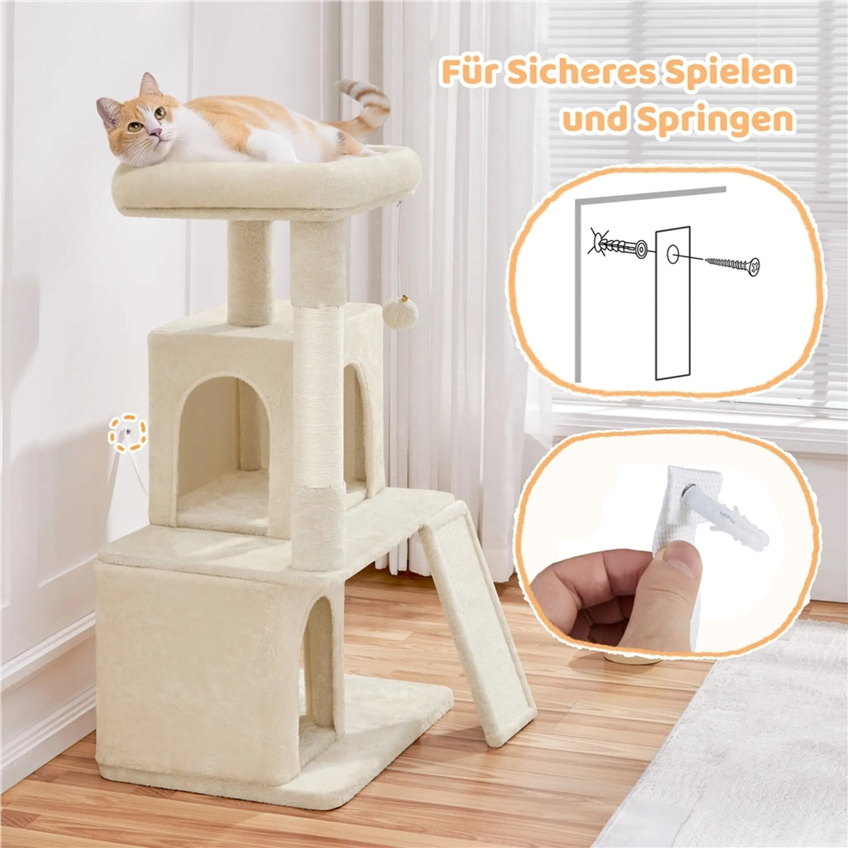 Yaheetech Katzenpfosten mit 2 Katzenhäusern - ausgestattet mit Sisalkratzbaum und Kratzbrett und Aussichtsplattform - für kleine und mittelgroße Katzen - beigefarbener Plüsch und Spanplatte - 60 x 45 x 106 cm