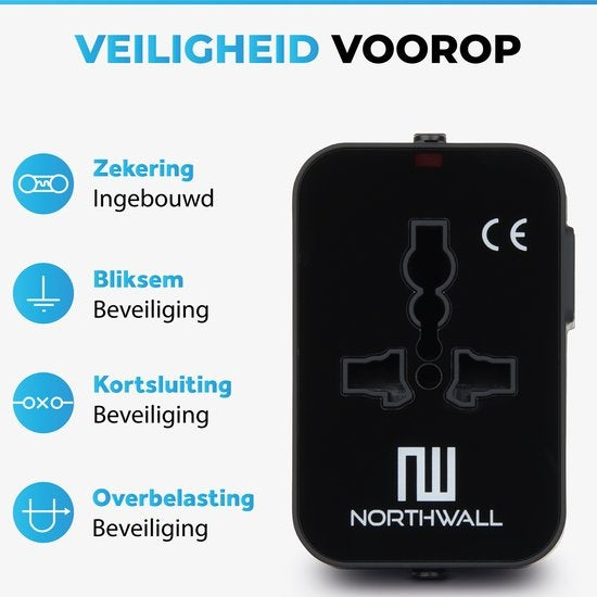 Northwall Universal World Plug mit 2 Schnelllade-USB-Anschlüssen - Internationaler Reisestecker für 150+ Länder - England, Amerika, Südafrika, USA, Italien, Großbritannien, Australien, Indien, ...