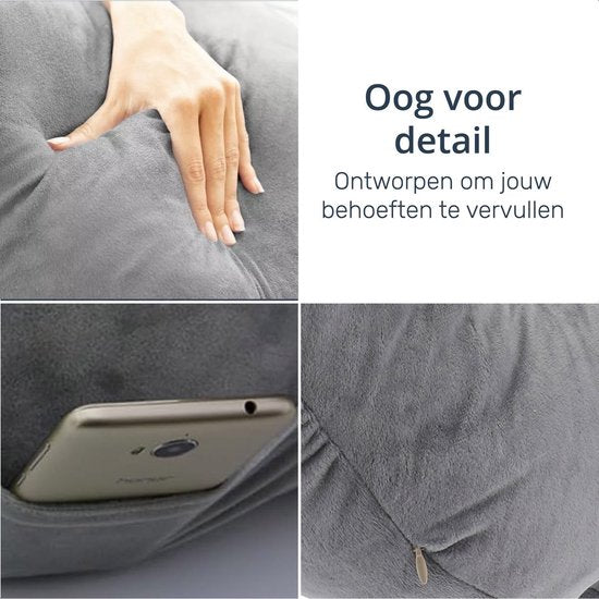 Lesekissen - Fürs Bett - Mit 3 Taschen - Rückenkissen Sofa - Sitzkissen - Lendenwirbel - Rückenkissen unterer Rücken - Lesen - Kissen - Stütze - Bücher - Buch - Sitz - Grau