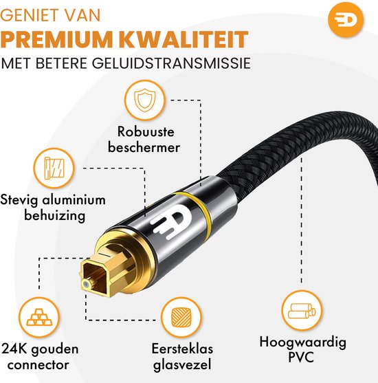 Drivv. Premium Toslink-Optikkabel aus Nylon – Optisches Audiokabel – Soundbar – Stecker-Stecker – 5 Meter – Schwarz