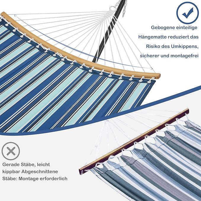 Yaheetech XXL-Hängematte mit Ständer – blau gestreift – verstellbare 2-Personen-Hängematte mit Kissen und Tragetasche