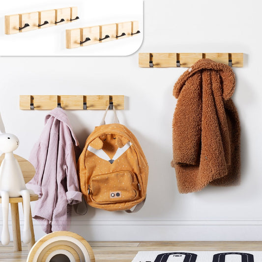Gadgy Garderobe hängend - Wandgarderobe Holz Wand - Kindergarderobe mit 8 klappbaren Haken Schwarz - Wandgarderobenbügel Bambus - 2er Set - Max. 15kg Tragfähigkeit
