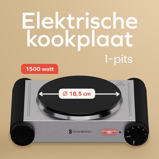 KitchenBrothers Elektrokochfeld - 1 Brenner - Freistehend - 7 Temperaturstufen - 1500W - Edelstahl/Schwarz