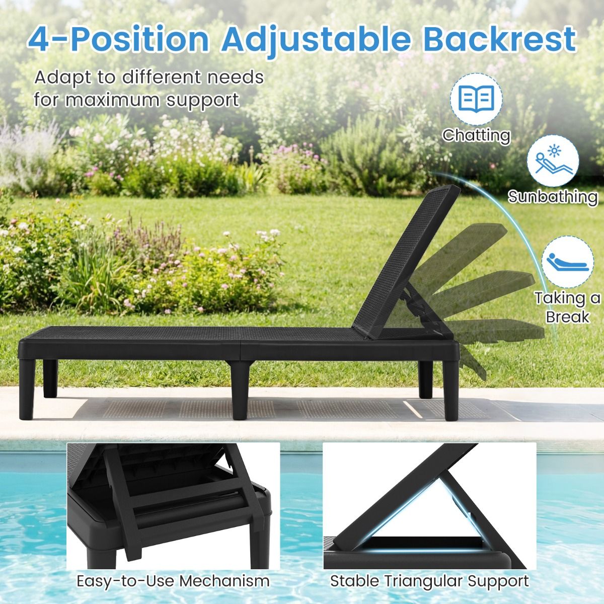 Coast Gartenliege – 4-fach verstellbare Rückenlehne – Rattan-Optik – schwarz – 1 Stück