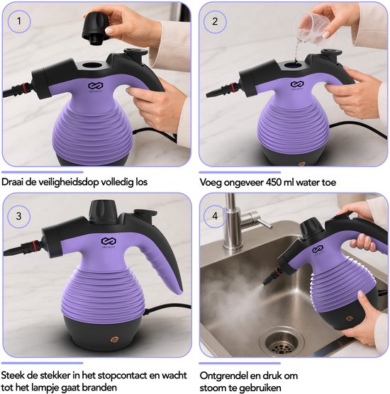 Infinity Goods Dampfreiniger – 12-in-1-Handdampfreiniger – Handdampfreiniger – Fleckenentferner – Teppichreiniger – 10 Aufsätze – 1050 Watt – 3,2 bar – Lila