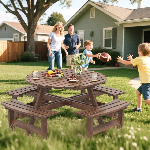 Coast Picknicktisch-Set – 166,5 × 166,5 × 76 cm – für 8 Personen – Holz – Sonnenschirmloch – Braun