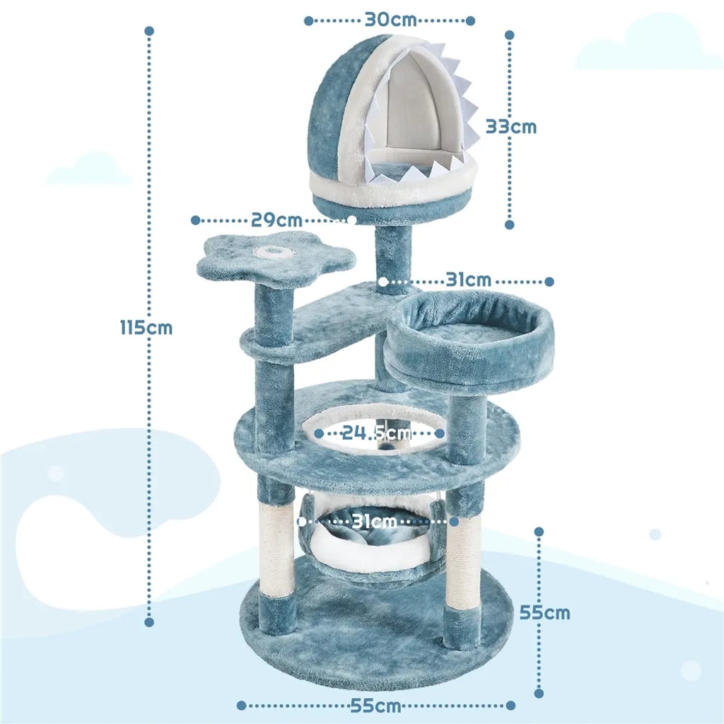 Yaheetech Kratzbaum Ocean Style 115 cm - Blau/Weiß - Kratzbaum mit Katzenhaus, Liegekorb, Plateau und Sisalpfosten