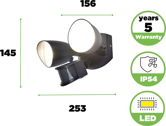 LUTEC Shrimp – LED-Sicherheitswandleuchte für den Außenbereich – PIR-Bewegungssensor – Tag-/Nacht-Sensor – Hochwertiges Aluminium – Zweikopfausführung – 1700 lm starkes Licht – 4000 K hellweißes Licht – Mattschwarz