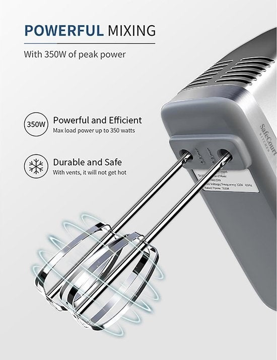 Safecourt Kitchen - Handmixer - Turbo-Funktion - Quirl & Knethaken & Schneebesen - Stahl - Silber