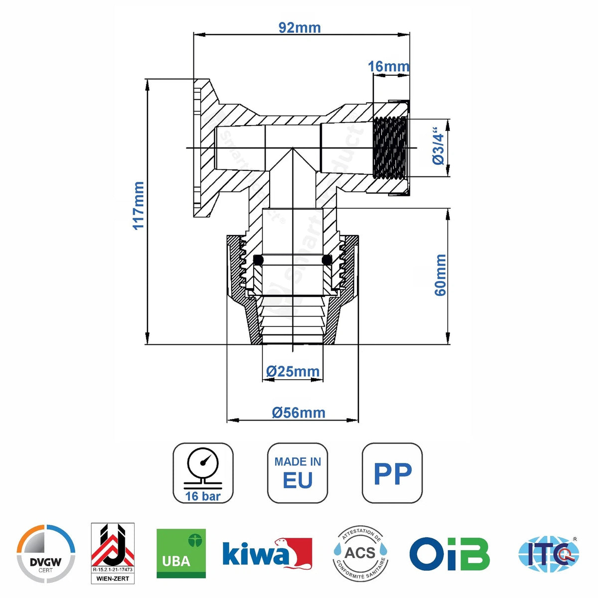 SmartProduct Wandeck-Kompressionskupplung 25 mm, 2 Stück – Schwarz & Blau – PP
