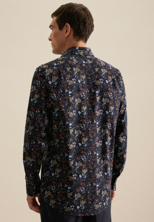 Seidensticker Regular Fit Hemd - 43 - Navy - Bedruckt - Twill - Business Kent Kragen