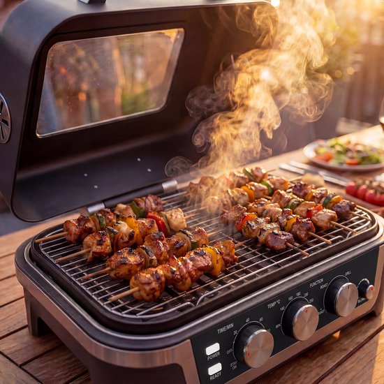 KitchenBrothers Elektro-Grill und Smoker – Tischmodell für den Balkon – 90 °C bis 250 °C – 2600 W – Tischgrill – Mit Sichtfenster