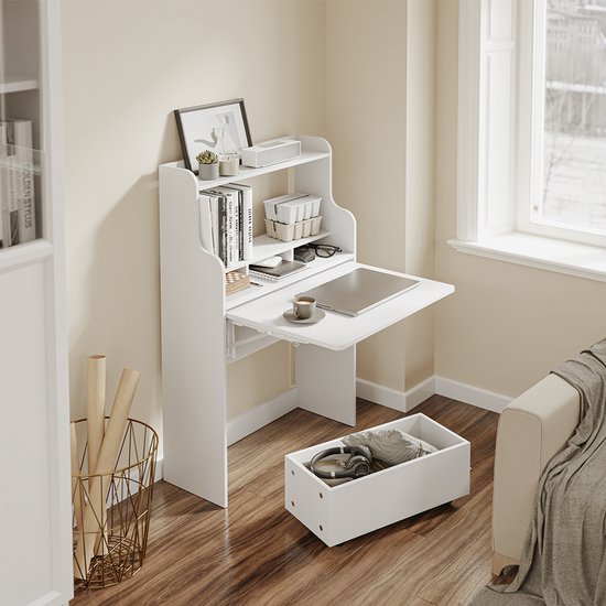 SoBuy Wandklapptisch FWT105-II-W – Multifunktionaler, platzsparender Klapptisch mit Rollen – Zusammenklappbarer Schreibtisch mit Schublade und Ablagen – Weiß