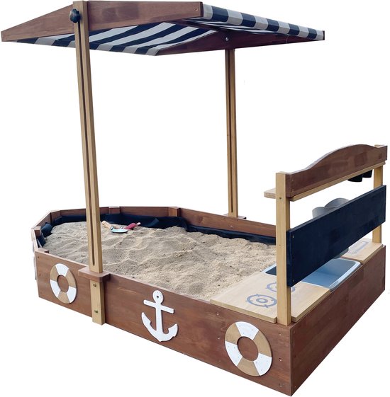 AXI Dora Boot Sandkasten mit Spielküche und Dach (UV50) 160 x 100 cm Anthrazit/Braun – Mit Kreidetafel und Stauraum – Inklusive Bodenplane – 10 Jahre Garantie!