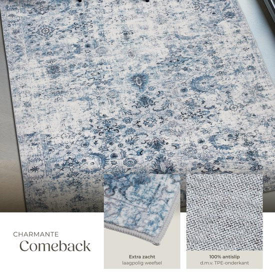 tectake® Teppich im Vintage-Design - Niederflorteppich - Boho-Teppich - Für Wohnzimmer, Schlafzimmer, Kinderzimmer oder Jugendzimmer - Waschbar - 200cm x 274cm - blau