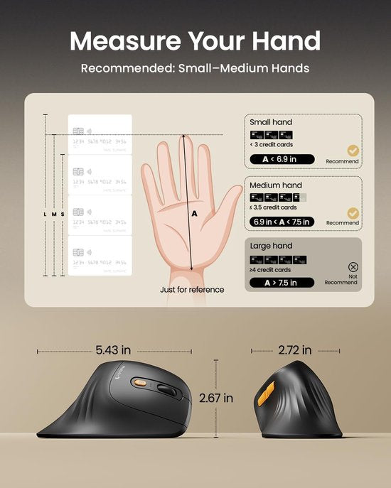 Ergonomische vertikale Maus – Kabellose ergonomische Maus – Bluetooth & 2,4 GHz – Über USB-C aufladbar – Für 3 Geräte – Einstellbare DPI – Geräuscharm – Schwarz (für Rechtshänder)