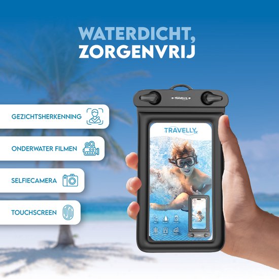 Travelly® Wasserdichte Handytasche 2er-Set - Universelle Unterwassertasche für Smartphone - Geeignet für alle Handys - Drybag - Für Urlaub, Schwimmen & Wassersport - Schwarz/Blau