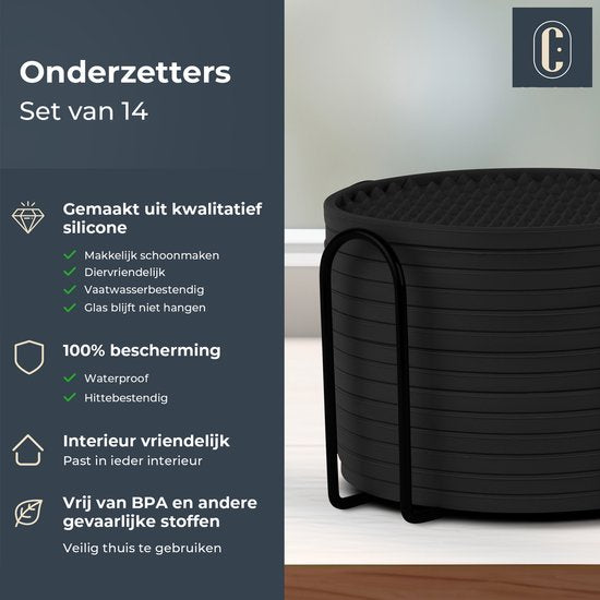 Castagnola Silikon-Untersetzer - Untersetzer für Gläser - Design-Untersetzer mit Halter - Untersetzer-Set - Anti-Rutsch - 14er-Set - Schwarz