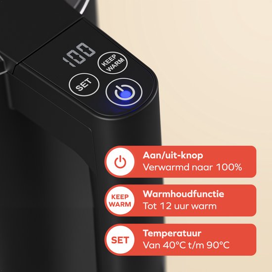 KitchenBrothers Wasserkocher - 1.7L - Mit Temperaturregelung - Elektrisch - Warmhaltefunktion - Display - Doppelwandig - Cool-touch - 2200W - Schwarz
