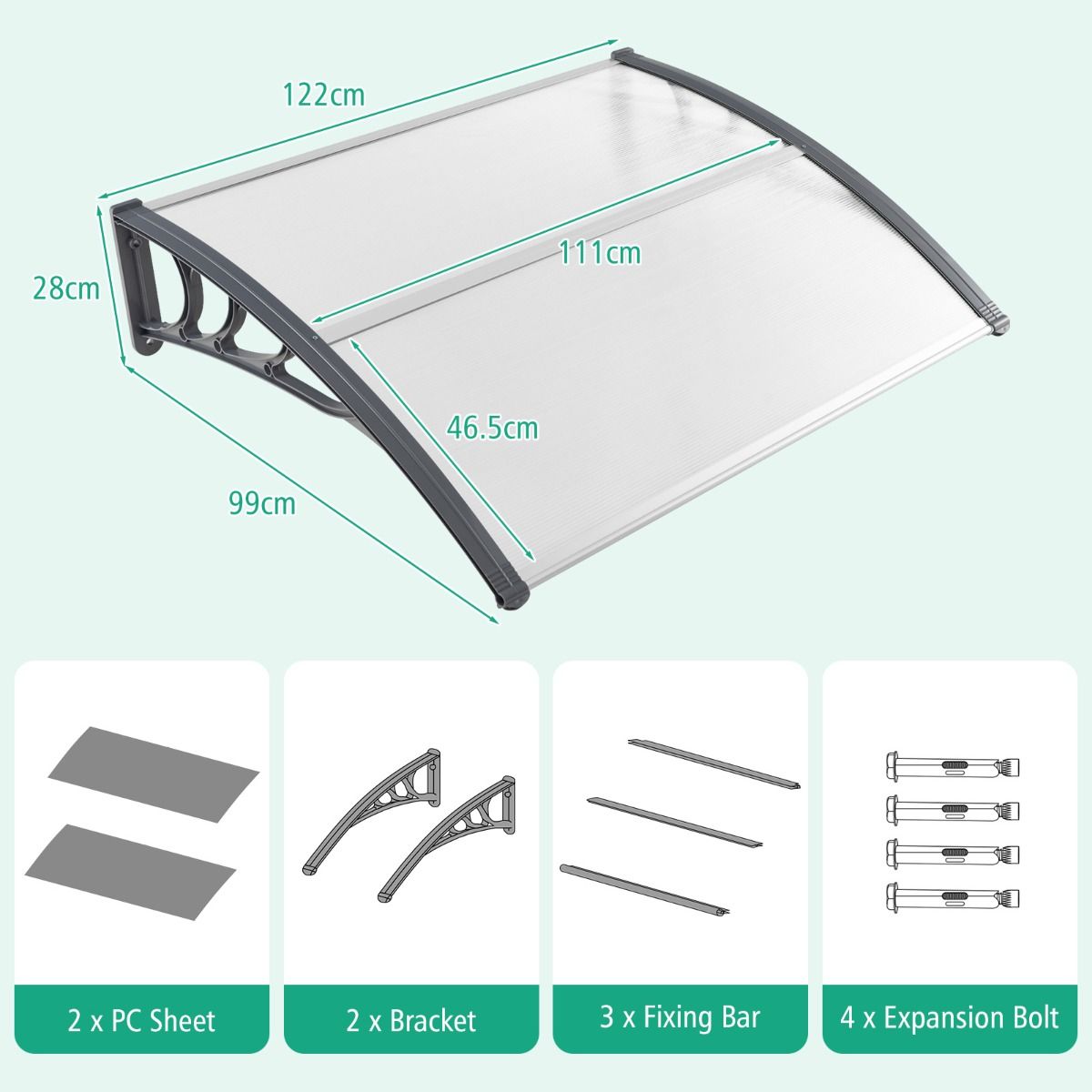 Coast Tür- und Fensterüberdachung – Witterungsbeständiges Polycarbonat – 122 x 99 cm – Grau und Silber
