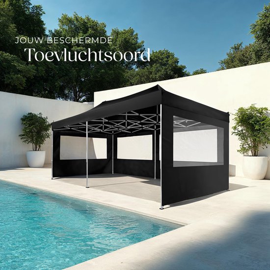 tectake® Faltpavillon – Zusammenklappbar und wasserdicht – Gartenpavillon mit 4 Seitenwänden – Inkl. Heringe, Abspannleinen und Tragetasche – Terrassenüberdachung, Partyzelt – 6 x 3 m – Schwarz
