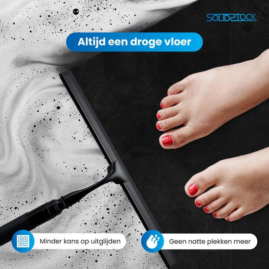 SolidStock Luxus-Bodenwischer aus Edelstahl – Bodenwischer mit Stiel – Längenverstellbar von 38,5 bis 129 cm – Wischer für Dusche und Badezimmerboden – Ausziehbarer Duschwischer – Schwarz
