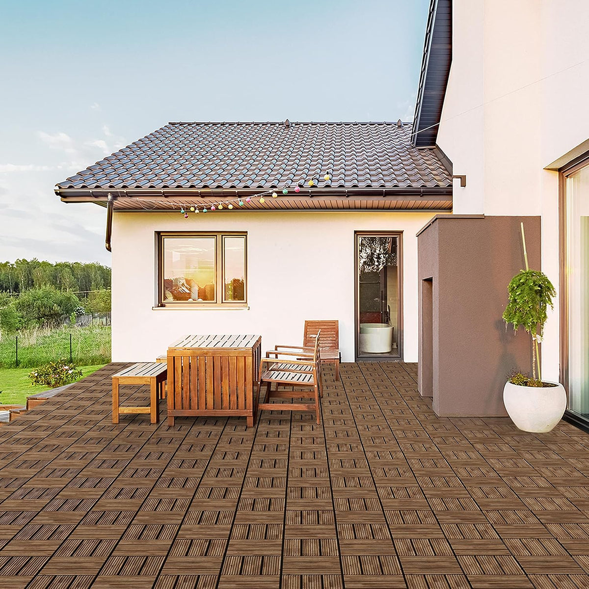 Yaheetech Terrassenfliesen aus Tannenholz 30,8 × 30,8 cm – 27 Stück, braun