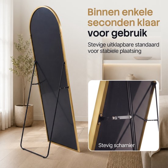 Infinity Goods Ganzkörperspiegel – 160 x 60 cm – Design-Wandspiegel – Standspiegel mit Metallrahmen – zur Aufhängung – Ankleidezimmerspiegel – abgerundet – modern – goldfarben