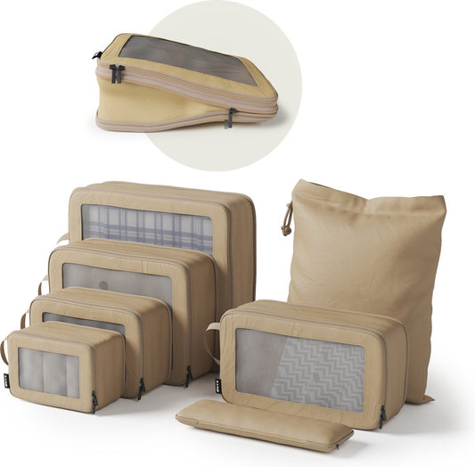 ONYXÂ¬Ã† Compression Packing Cubes - 7 Stück - Gepäckorganisation mit Kompressionsreißverschluss - Für Koffer und Taschen - Beige