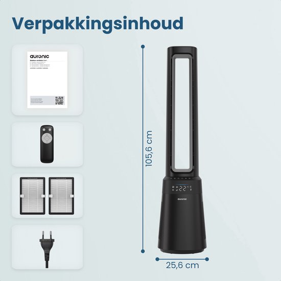 Auronic Turmventilator – blattloses 2-in-1-Modell – Luftreiniger mit HEPA-Filter – Ventilator – 10 Stufen – Fernbedienung – 105 cm – Schwarz