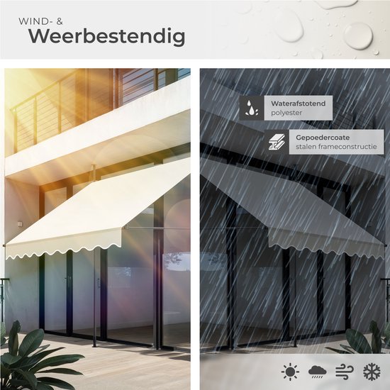 tectake® Klemmmarkise mit Handkurbel – Balkonmarkise ohne Bohren – Höhenverstellbar – UV-beständig – Wasserabweisend – Terrassenüberdachung – Sonnenschutz für Terrasse und Balkon – Breite 200 cm – Beige