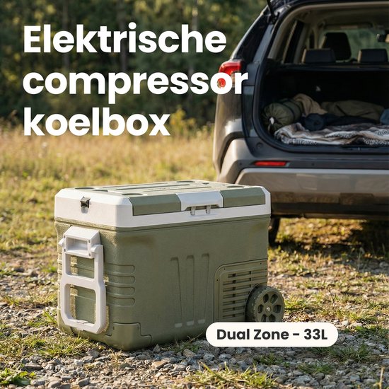 Auronic Electric Cool Box - Kompressor - 2 Zonen - 33L - 12/24V und 240V - Kühlen und Gefrieren - Campingkühlschrank - Frigobox Auto - Mit Rädern und Griff - Grün