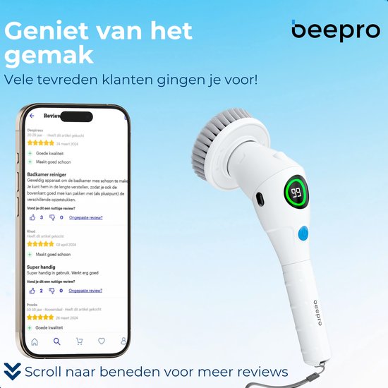 Beepro® Elektrische Reinigungsbürste - Elektrischer Schrubber - Scheuerbürste - Für Bad und Küche - Schrubber mit Griff - 10 Aufsätze