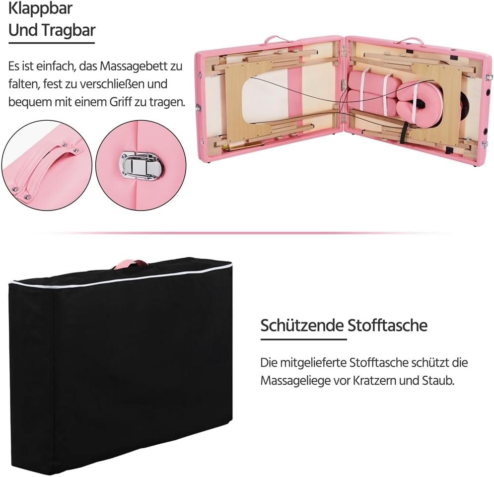 Yaheetech Massagetisch mit 3 Zonen – zusammenklappbar – 213 × 80 cm – Hellrosa