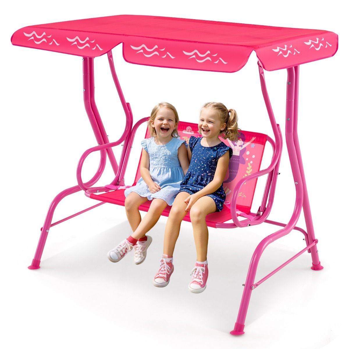 Coast Kinderschaukel 2-Sitzer für Terrasse und Außenbereich, Rosa, 112 x 76,5 x 111 cm, mit Metallgestell, verstellbarem Baldachin und Sicherheitsgurten