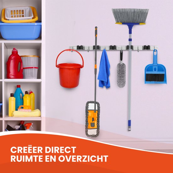 TTD® Luxe XXL Besenhalter und Besenaufhängesystem für Werkzeuge - Besenhalter selbstklebend - Werkzeughalter - Reinigung - 5 Aufhängehaken & 6 Werkzeugklammern - Aufbewahrungssystem - Gartengeräte - Handwerker - 62 CM - Edelstahl - 3M Tape Included