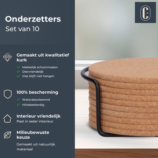 Castagnola Untersetzer - Korkuntersetzer für Gläser - Glasuntersetzer mit Halterung - Untersetzer - saugfähig und hitzebeständig - 10 Stück