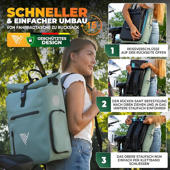 MIVELO - Gepäckträgertasche - 3-in-1 Rucksack & Umhängetasche - Wasserdichtes TPU - 25 Liter - Mint