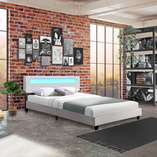 Polsterbett Paris - 160 x 200 cm - Weiß - LED-Beleuchtung