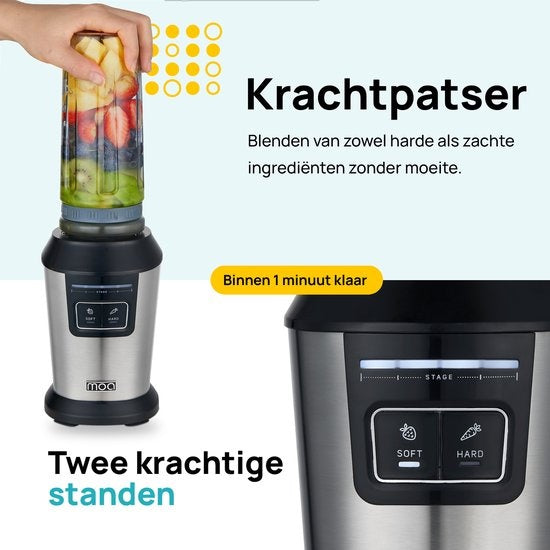 MOA Blender - Blender to Go - Mini-Mixer - 2 600ml Tritan-Behälter - Smoothie-Maker - 800W - Silber - MB10S
