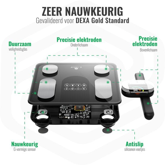 e.volve X11 Waage – Digitale Personenwaage – Intelligente Waage mit 32 Körperanalysen – Über USB aufladbar – Inkl. App & Tragegriff