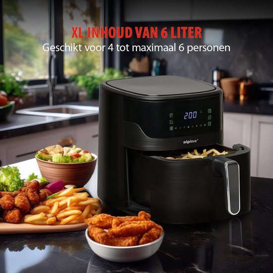 alpina Airfryer XL – Heißluftfritteuse 6 l – Air Fryer für 2 bis 5 Personen – Heißluftofen mit digitalem Touchscreen – Einstellbare Temperatur von 80 bis 200 Grad – Timer-Funktion – 8 Kochprogramme