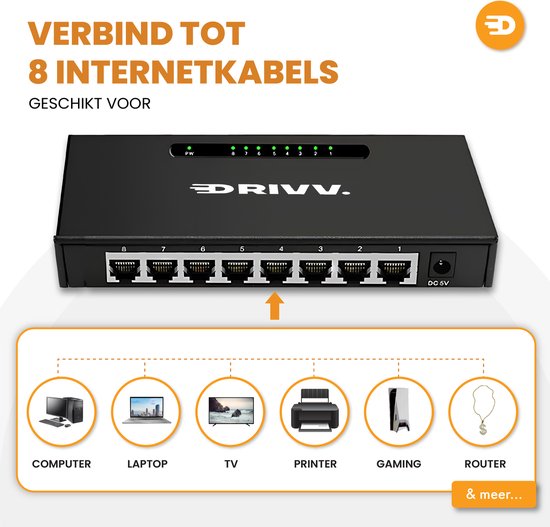 Drivv. Netzwerk-Switch - 8 Ports - Internet-Switch - RJ45-Splitter - schwarz