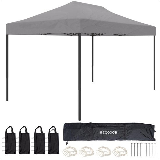 LifeGoods Partyzelt Pavillon - Einfacher Aufbau - Wasserdicht - Tragetasche mit Rädern - 3,0 x 4,5 m - Dunkelgrau