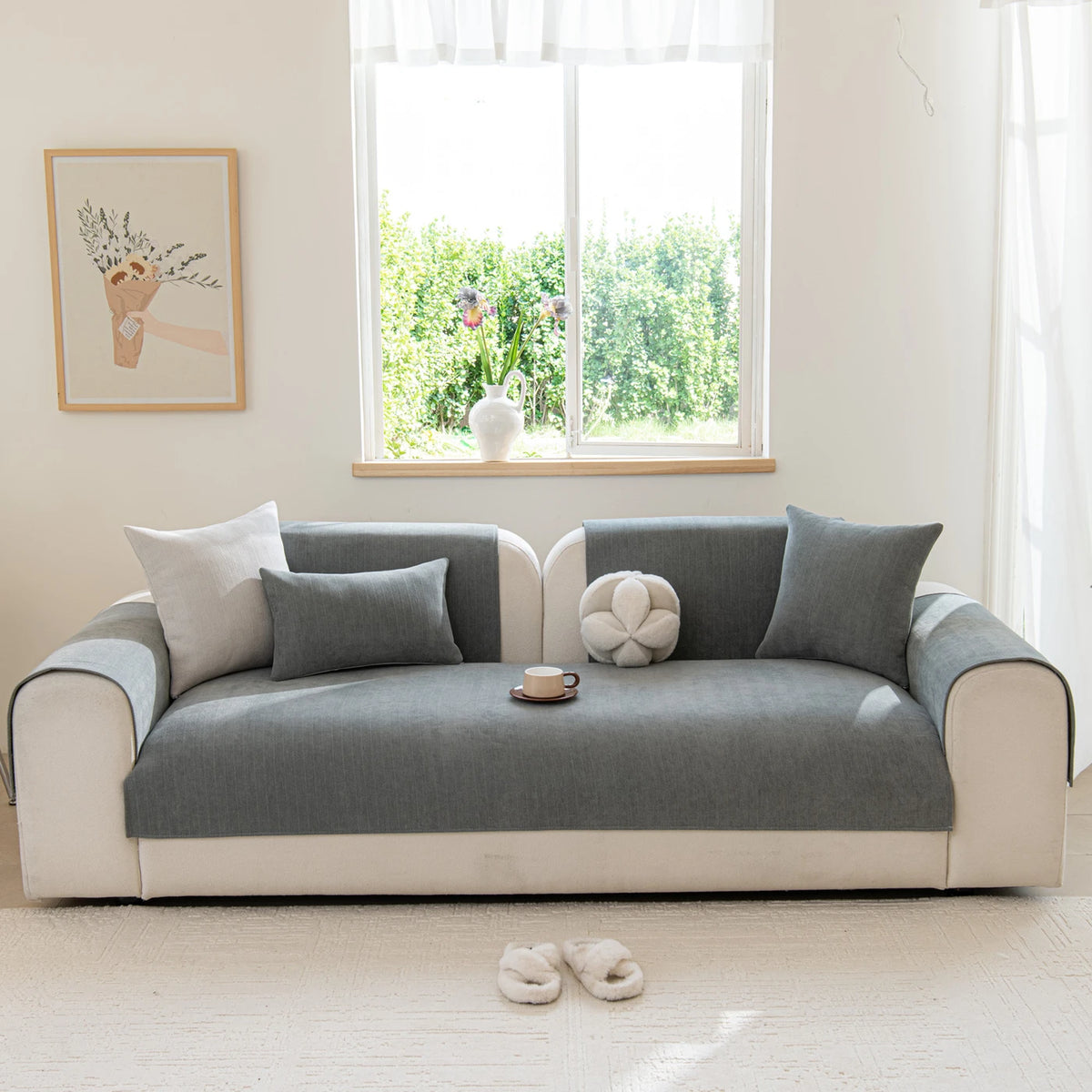 Ochama Sofabezug nur für den Sitzbereich – rutschfest – 70 x 180 cm – Polyester – Grau